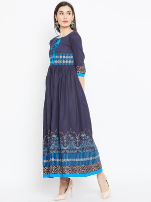 Navy blue printed cotton kurtas-and-kurtis 3