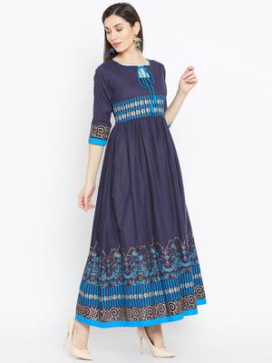 Navy blue printed cotton kurtas-and-kurtis 4