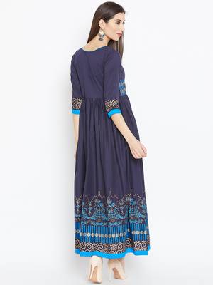 Navy blue printed cotton kurtas-and-kurtis 5