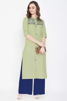 Light green embroidered cotton kurtas-and-kurtis