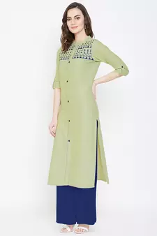 Light green embroidered cotton kurtas-and-kurtis