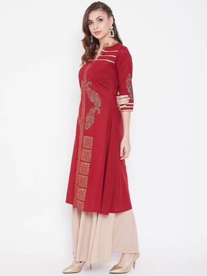 Maroon printed cotton kurtas-and-kurtis 3