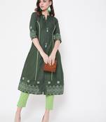Dark green embroidered cotton kurtas-and-kurtis