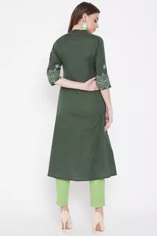 Dark green embroidered cotton kurtas-and-kurtis