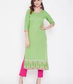 Green  embroidered cotton kurtas-and-kurtis