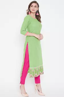 Green  embroidered cotton kurtas-and-kurtis