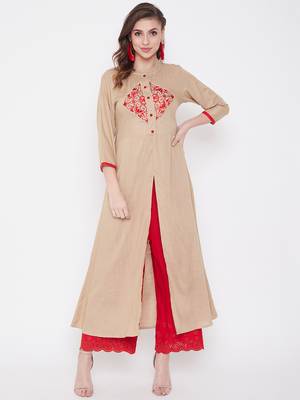 Beige embroidered rayon kurtas-and-kurtis 2