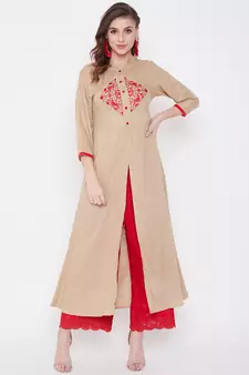Beige embroidered rayon kurtas-and-kurtis
