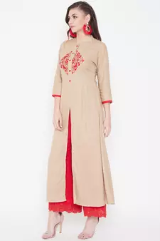 Beige embroidered rayon kurtas-and-kurtis