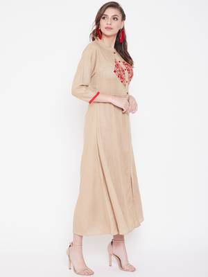 Beige embroidered rayon kurtas-and-kurtis 4