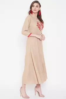 Beige embroidered rayon kurtas-and-kurtis