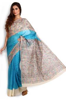 Firozi & Multicolored Handpainted Pure Silk Saree