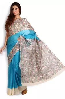 Firozi & Multicolored Handpainted Pure Silk Saree