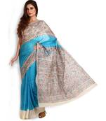 Firozi & Multicolored Handpainted Pure Silk Saree