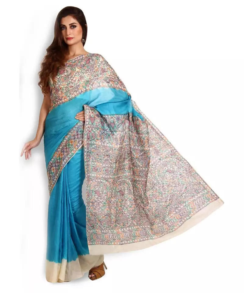 Firozi & Multicolored Handpainted Pure Silk Saree