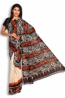 Black & Beige Silk Saree with Batik Work