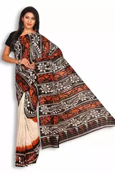 Black & Beige Silk Saree with Batik Work