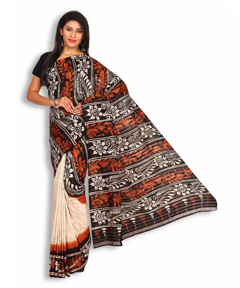 Black & Beige Silk Saree with Batik Work