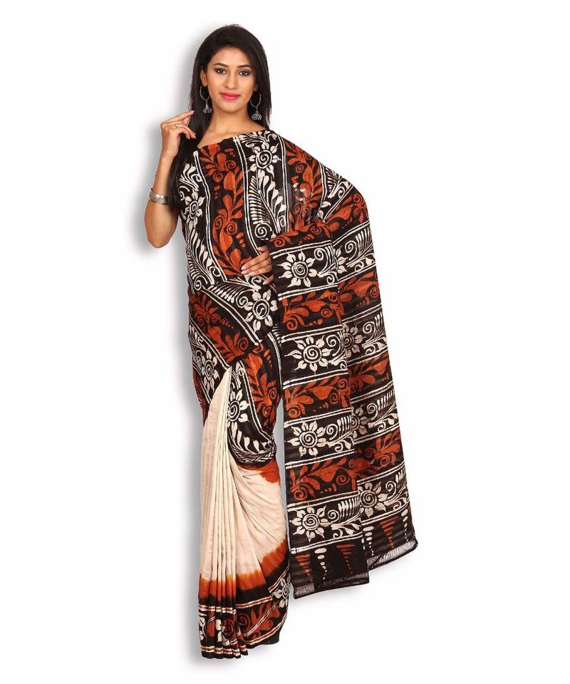 Black & Beige Silk Saree with Batik Work