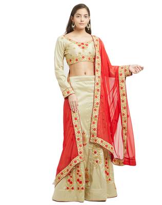 Beige embroidered silk semi stitched lehenga 1