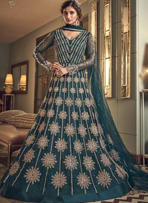 Teal Butter Fly Net  Wedding Salwar Kameez 1