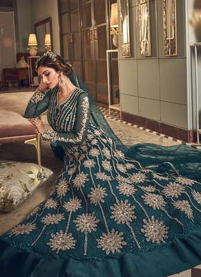 Teal Butter Fly Net  Wedding Salwar Kameez 2