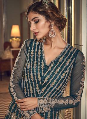 Teal Butter Fly Net  Wedding Salwar Kameez 3
