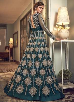 Teal Butter Fly Net  Wedding Salwar Kameez 4