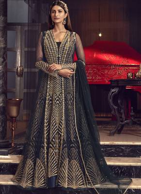 Navy Blue Butter Fly Net  Wedding Salwar Kameez 1