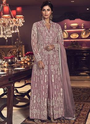 Onion Pink Butter Fly Net  Wedding Salwar Kameez 1