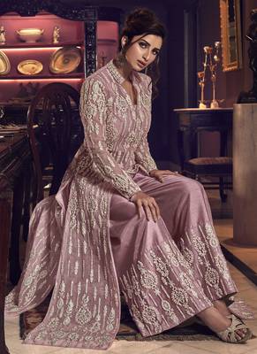 Onion Pink Butter Fly Net  Wedding Salwar Kameez 2