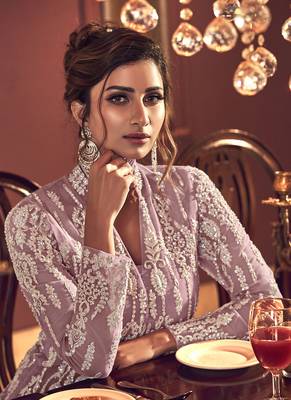Onion Pink Butter Fly Net  Wedding Salwar Kameez 3