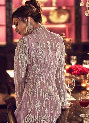 Onion Pink Butter Fly Net  Wedding Salwar Kameez 4