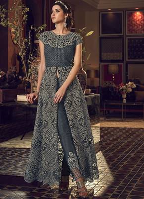 Dark Grey Butter Fly Net  Wedding Salwar Kameez 3