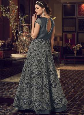 Dark Grey Butter Fly Net  Wedding Salwar Kameez 4
