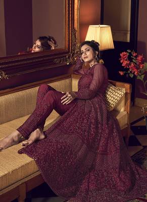Maroon Butter Fly Net  Wedding Salwar Kameez 2