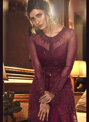 Maroon Butter Fly Net  Wedding Salwar Kameez 3