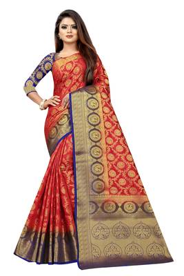 Red woven banarasi silk saree with blouse 1