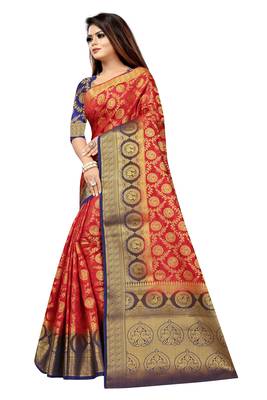 Red woven banarasi silk saree with blouse 2
