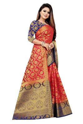 Red woven banarasi silk saree with blouse 3