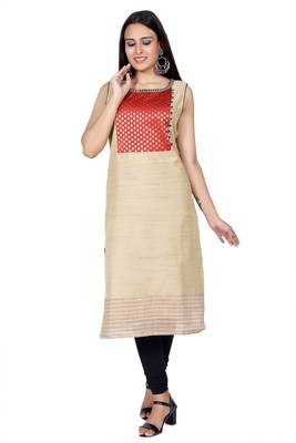 Beige printed chanderi ethnic-kurtis 1