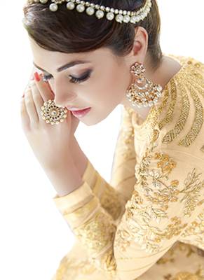 Beige Embroidered Georgette semi stitched sawlar with dupatta 3