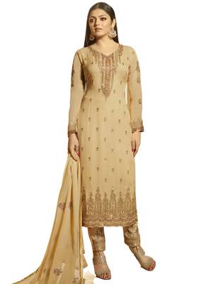Beige Embroidered Georgette semi stitched sawlar with dupatta 1