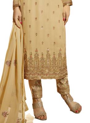 Beige Embroidered Georgette semi stitched sawlar with dupatta 2