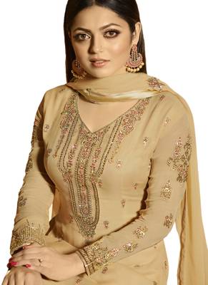 Beige Embroidered Georgette semi stitched sawlar with dupatta 3