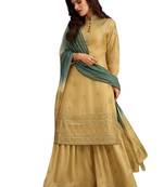 Beige Embroidered Crepe semi stitched sawlar with dupatta