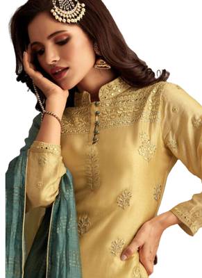 Beige Embroidered Crepe semi stitched sawlar with dupatta 2