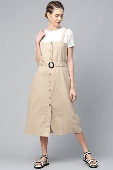 Beige Strappy Front Button Belted Dress