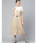 Beige Strappy Front Button Belted Dress