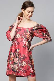 Red Floral Puff Sleeve Shift Dress